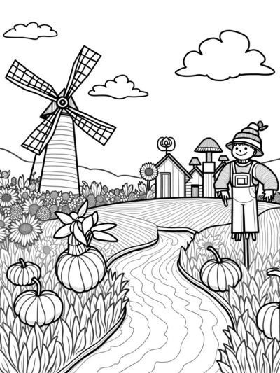 Colorful Windmill and Oversized Vegetables on the Farm