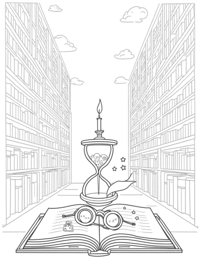 Enchanting Library with Floating Candles and Spells