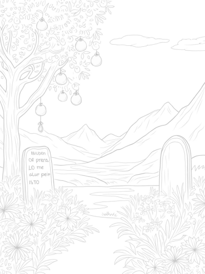 Tranquil Garden with Oversized Fruits and Flowing River