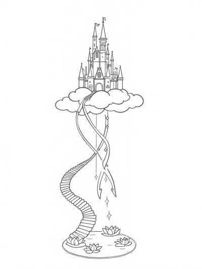 Castle in the Clouds with Golden Ribbons and Floating Flowers