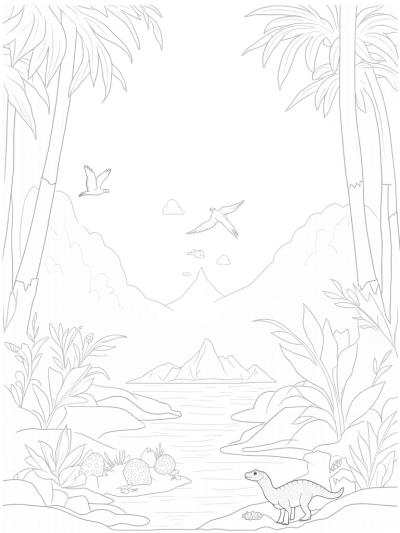 Prehistoric Jungle with Dinosaurs and Pterosaurs