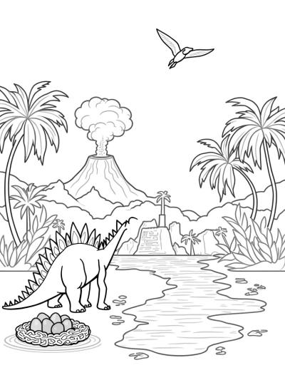 Stegosaurus by the Shimmering Pond in a Prehistoric Landscape