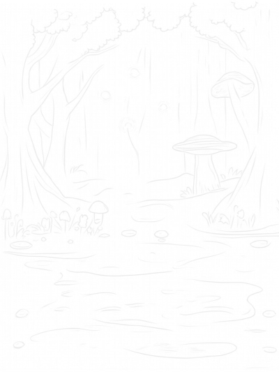 Mushroom Canopy and Shimmering River in a Forest Glade