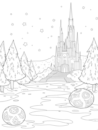 Frosty Kingdom with Ice Castle and Snowflakes