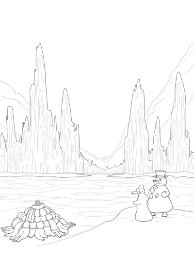 Elegant Swans and a Snowman in a Crystalline Landscape