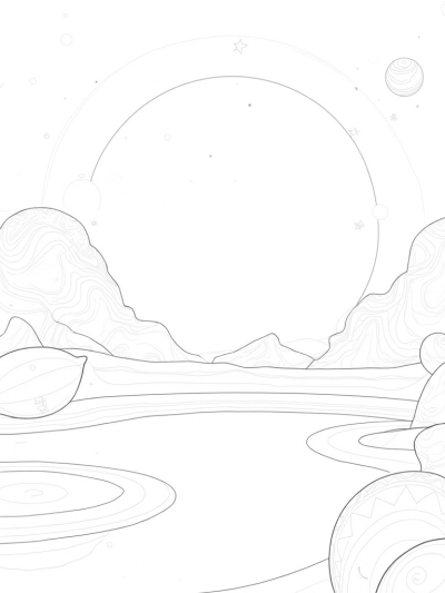 Cosmic Landscape with Swirling Orbs and Planets