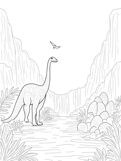 Brontosaurus and Pterosaur in a Prehistoric Jungle