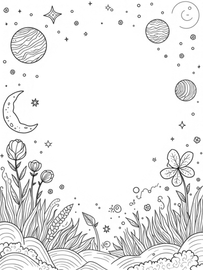 Cosmic Garden with Blooming Planets and a Crescent Moon