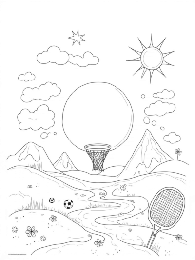 Basketball Hoop in a Cloud with Flowers and Fun Sports Elements