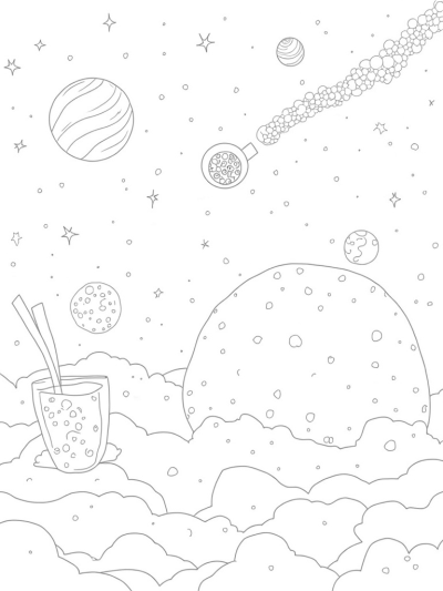 Boba Galaxy with Colorful Planets and Comets