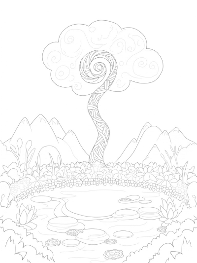 Garden of Oversized Flowers and a Spiraling Tree