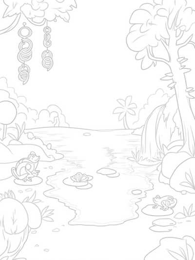 Jungle River with Frogs and Colorful Feathers