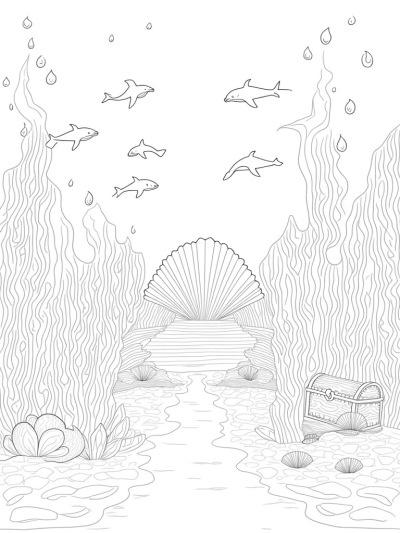 Underwater Coral City with Dolphins and Treasure