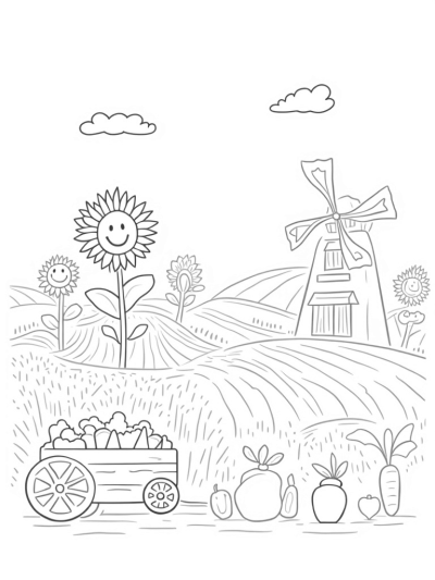 Sunny Farm with Giant Vegetables and Smiling Sunflowers