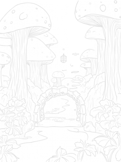 Mystical Forest with Giant Mushrooms and Shimmering Stream