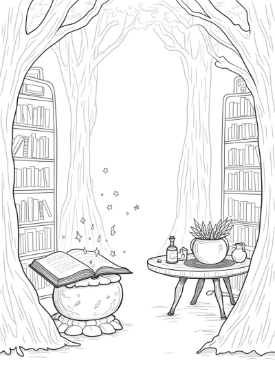 Magical Library in the Enchanted Forest