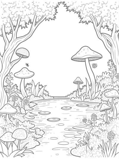 Enchanted Forest with Giant Mushrooms and a Shimmering Pond