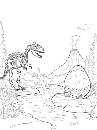 Prehistoric Jungle with Dinosaur Skeleton and Volcano