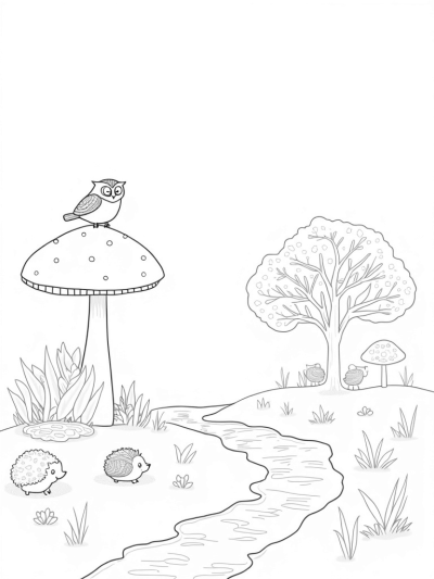 Oversized Mushrooms and a Wise Owl in the Forest Glade