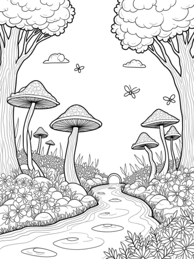 Oversized Mushrooms and a Shimmering River in a Forest Glade