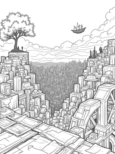 Colossal City Skyline with Gears and Airship