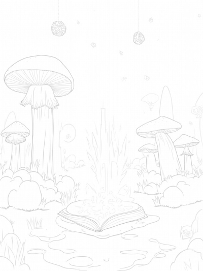 Enchanted Forest with Mushrooms and Crystal Fountain