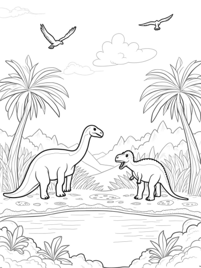 Brontosaurus and Spinosaurus in a Prehistoric Jungle