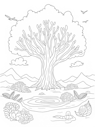Ancient Tree with Dinosaurs and Pterodactyls