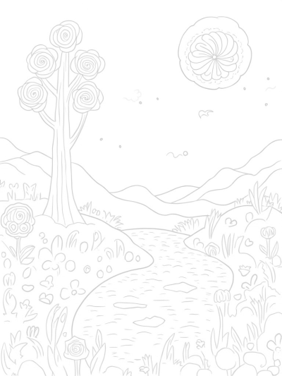 Whimsical Meadow with Flowing River and Playful Rocks