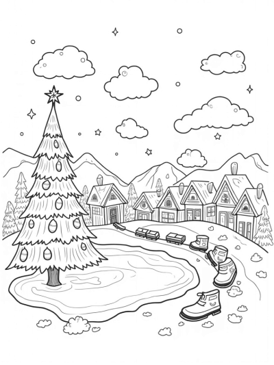 Holiday Village with Gingerbread Houses and a Giant Christmas Tree