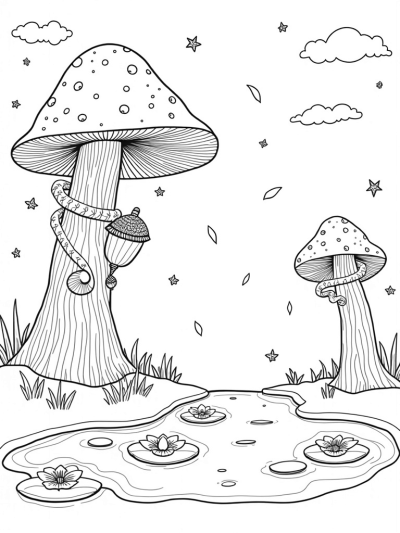 Oversized Mushrooms and a Cozy Pond