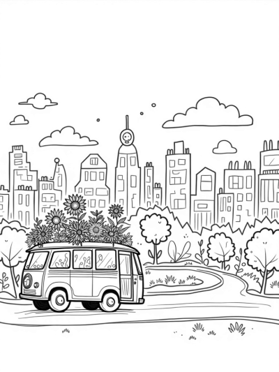 Mobile Garden Bus in a Whimsical Cityscape