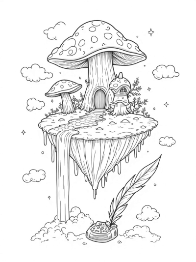 Floating Island with Mushroom Umbrellas and Treehouse