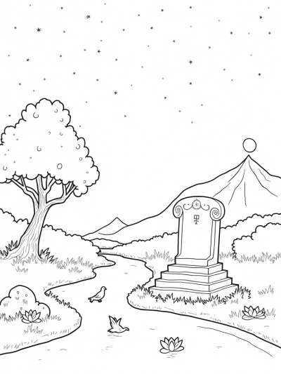 Serene Garden with Scroll Flowers and Stone Tablet