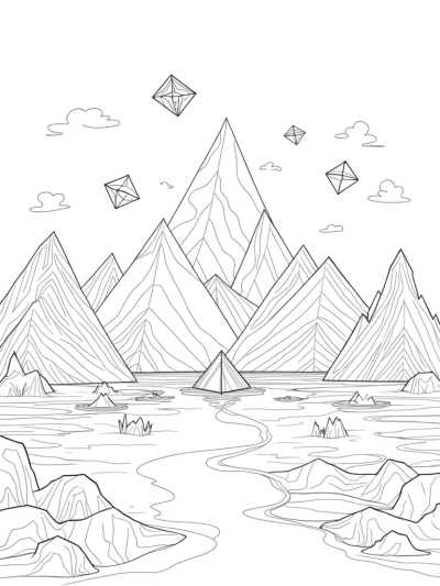 Triangular Mountain Landscape with Kites and a Reflective Lake
