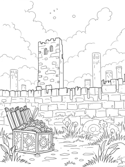 Crumbling City Wall with Wildflowers and Gears