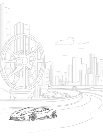Futuristic Cityscape with Lamborghinis and a Spinning Wheel